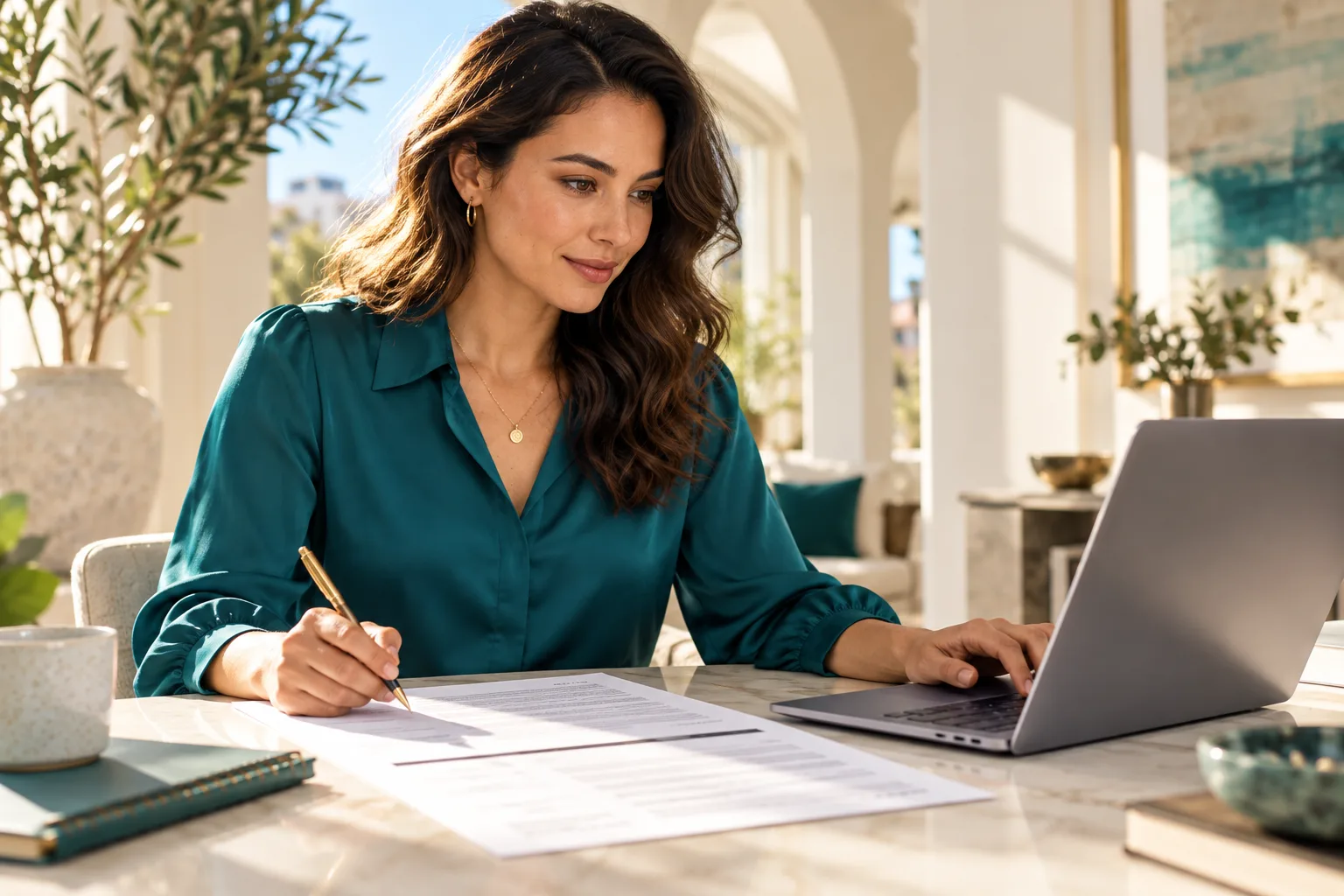 A professional reviewing application documents beside a laptop