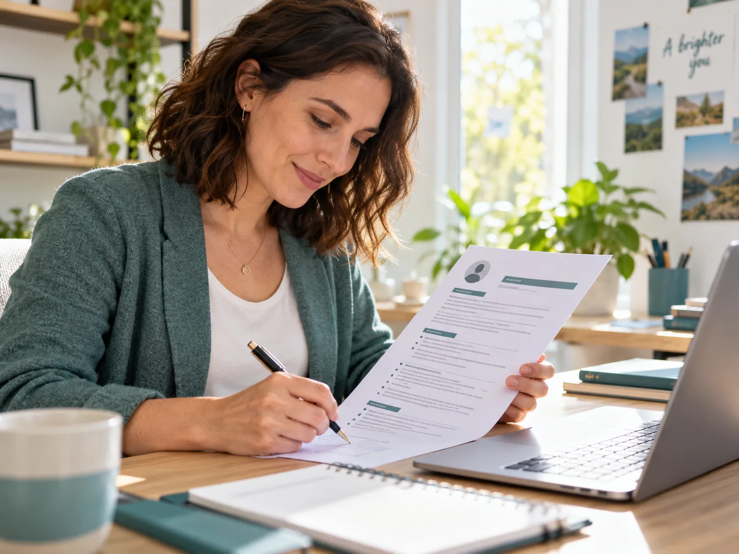 Illustrative scene of a professional reviewing a resume in daylight